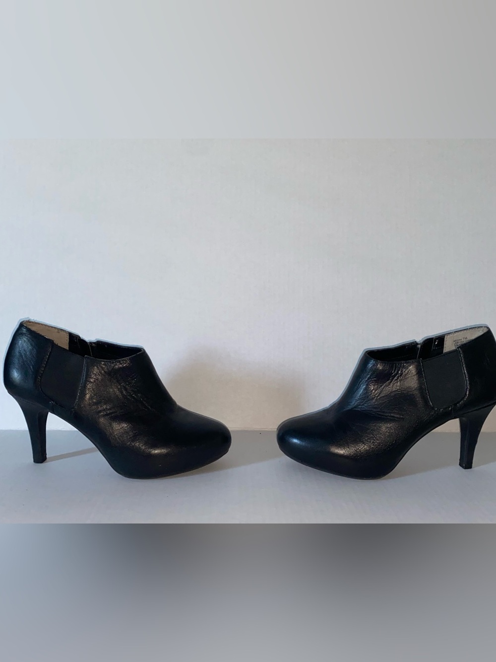 Meghan “Me Too” LA Black Leather Ankle Booties with Side Zip Heel